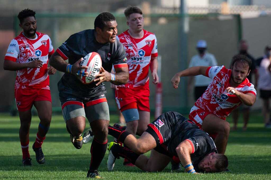 Epeli Davetawalu scoring a try against Dubai Tigers Rugby Club